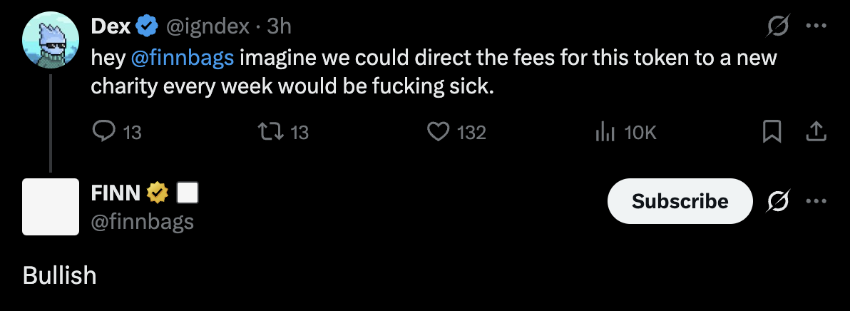 Twitter conversation between Dex and Finn about directing token fees to charity